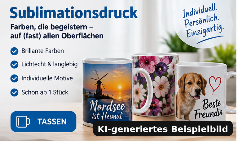 KI-generiertes Beispiel für individuell bedruckte Sublimationstassen